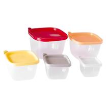 Conjunto De 5 Potes De Plástico Quadrados Tampas Coloridas