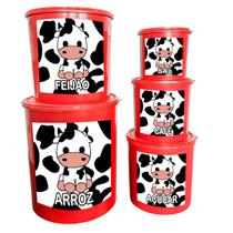 Conjunto de 5 Potes Plásticos Para Mantimentos Redondo e Decorado