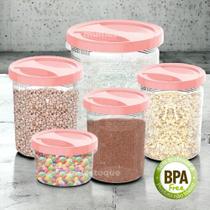 Conjunto de 5 Potes Rosa com Tampa Rosca para Mantimentos Conjunto de 5 Potes Rosa com Tampa Rosca para Mantimentos