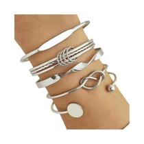 Conjunto De 5 Pulseiras Geométricas Ajustáveis Com Aro De Aço, Elegantes Braceletes Femininos