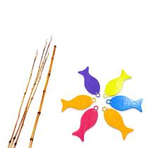 Conjunto De 5 Varinhas De Pesca Bambu Com 10 Peixinhos Pescaria Festa Junina