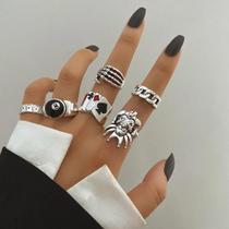 Conjunto de 6 Anéis de Caveira Hip Hop - Estilo Vintage com Efeito Gotejamento de Óleo