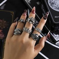 Conjunto de 6 Anéis Góticos de Caveira e Estrela - Prata - Joias Punk para Homens Conjunto de 6 Anéis Góticos de Caveira e Estrela - Prata - Joias Punk para Homens