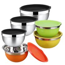 Conjunto de 6 Bowls Tigelas de Inox Prata e Coloridos com Tampa Plástica - ForceInox