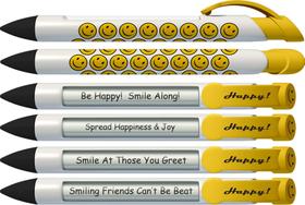 Conjunto de 6 Canetas Smiley Face com Mensagens Giratórias Conjunto de 6 Canetas Smiley Face com Mensagens Giratórias