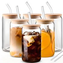 Conjunto De 6 Copos De Vidro Em Formato De Lata De Cerveja De 380ML Com Tampas De Bambu E Canudos