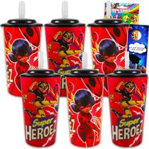 Conjunto de 6 Copos Miraculous de 473ml com Canudo Reutilizável