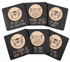 Conjunto de 6 Porta-Copos Quadrados 10cm com Base de Cortiça, Fácil Limpeza, Reutilizável, Frases de Gato - Inkdotpot