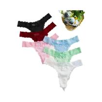 Conjunto De 6 Tangas De Renda Floral, Cintura Baixa, Confortáveis, G-string Sólido Com Laço,