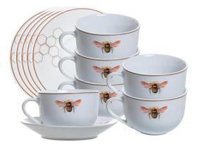conjunto de 6 Xicaras Abelha com Pires para Chá Em Porcelana 220ml Hermitage