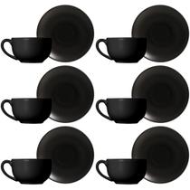 Conjunto de 6 Xícaras de Chá com Pires de Cerâmica Preto Acetinado 250ml - Alleanza