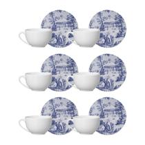 Conjunto De 6 Xícaras De Chá Com Pires Toile De Jouy Alleanza Azul E Branco Conjunto De 6 Xícaras De Chá Com Pires Toile De Jouy Alleanza Azul E Branco