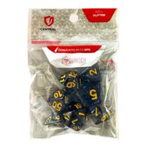 Conjunto de 7 Dados RPG Glitter Azul e Dourado Central