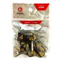 Conjunto de 7 Dados RPG Glitter Fumaça e Dourado Central