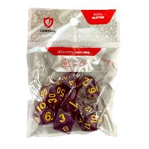 Conjunto de 7 Dados RPG Glitter Roxo e Dourado Central Conjunto de 7 Dados RPG Glitter Roxo e Dourado Central
