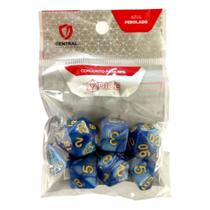 Conjunto de 7 Dados RPG Perolado Azul e Dourado Central