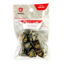 Conjunto de 7 Dados RPG Perolado Preto e Dourado Central