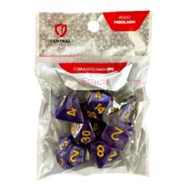 Conjunto de 7 Dados RPG Perolado Roxo e Dourado Central Conjunto de 7 Dados RPG Perolado Roxo e Dourado Central