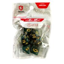 Conjunto de 7 Dados RPG Perolado Verde e Dourado Central