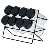 Conjunto de 8 potes de vidro com tampa e suporte em inox preto - Lyor Conjunto de 8 potes de vidro com tampa e suporte em inox preto - Lyor