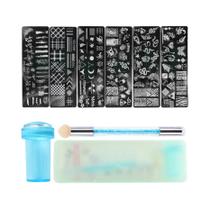 Conjunto De 9 Peças Para Nail Art: Placas De Estampagem, Carimbador De Silicone, Raspador, Pincel E Conjunto De 9 Peças Para Nail Art: Placas De Estampagem, Carimbador De Silicone, Raspador, Pincel E