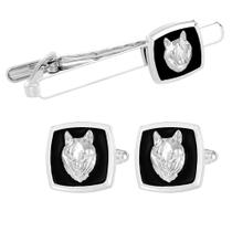 Conjunto de abotoaduras e barras de gravata para homens Wolf Head banhado a prata Conjunto de abotoaduras e barras de gravata para homens Wolf Head banhado a prata