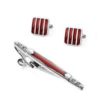 Conjunto de abotoaduras e clipes de gravata, esmalte vermelho vintage com diamante