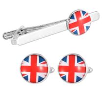 Conjunto de abotoaduras e clipes de gravata para homens, bandeira do Reino Unido, tom prateado
