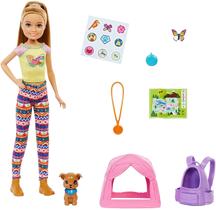 Conjunto de acampamento da Barbie com boneca, cachorro, barraca, transportador e acessórios. Presente ideal para crianças de 3 a 7