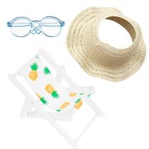 Conjunto de acessórios ATCCPYDM para boneca Labubu de 17 cm com chapéu de palha/óculos de sol/cadeira de praia