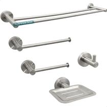 Conjunto De Acessórios Banheiro 5 Peças Inox Escovado Luxo Porta Toalha Papeleira Gancho Saboneteira Toalheiro Duplo 60