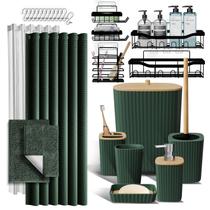Conjunto de acessórios de banheiro com suporte de chuveiro e tapetes de banho Conjunto de 27 peças de acessórios de banheiro com chuveiros, tapetes de banho verdes, conjunto de cortina de chuveiro, escova de vaso sanitário, lata de lixo, dispensador de sabonete, porta-escova de dentes
