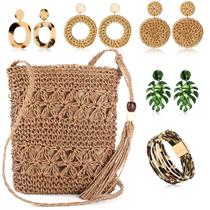 Conjunto de acessórios Hicarer Beach Purse Brincos Bolsa de Palha para mulheres Conjunto de acessórios Hicarer Beach Purse Brincos Bolsa de Palha para mulheres
