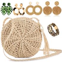 Conjunto de acessórios Hicarer Beach Purse Brincos Straw Bag Conjunto de acessórios Hicarer Beach Purse Brincos Straw Bag