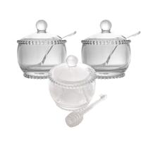 Conjunto De Açucareiros Porta Cereais Granola Com Colher E Meleira De Cristal Conjunto De Açucareiros Porta Cereais Granola Com Colher E Meleira De Cristal