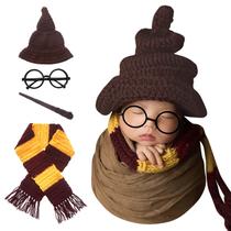 Conjunto de adereços fotográficos M&G House Halloween Wizard, chapéu de bruxa, cachecol e moldura de óculos para recém-nascido Conjunto de adereços fotográficos M&G House Halloween Wizard, chapéu de bruxa, cachecol e moldura de óculos para recém-nascido