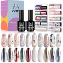 Conjunto de adesivos Beetles Nail Foil Glue, 2 frascos de 15 ml com 20 peças de flores, borboletas e adesivos de papel alumínio, cola para transferência de unhas, arte de manicure, unhas DIY, é necessária lâmpada LED, absorva