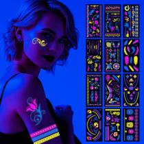 Conjunto de adesivos de tatuagem temporária UV neon brilhante para festival, 12 peças