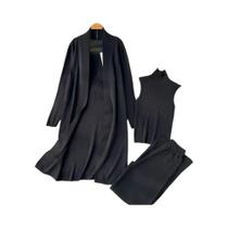 Conjunto de Agasalho Feminino em Malha - 3 Peças Confortáveis com Cardigan Longo e Gola Alta