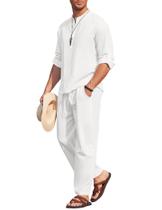 Conjunto de algodão e linho COOFANDY, calças masculinas de manga comprida Henley