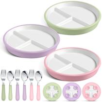Conjunto de alimentação de pratos infantis de porcelana grande Teenyyou de 8", ventosas de cerâmica para crianças com capa de silicone antiderrapante para bebês, 3 colheres e garfos divididos (verde, rosa, roxo)