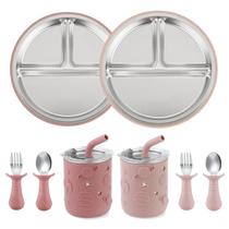 Conjunto de alimentação para bebês PandaEar em aço inoxidável, 2 pratos e 2 xícaras Conjunto de alimentação para bebês PandaEar em aço inoxidável, 2 pratos e 2 xícaras
