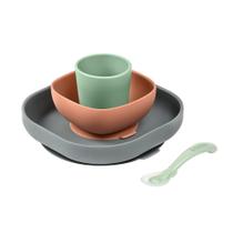 Conjunto de alimentação para bebês: placa de sucção de silicone Béaba, tigela, copo, colher