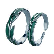 Conjunto De Anéis De Casal Em Esmalte Verde Para Mulheres E Homens, Anéis De Esmalte Prata Com Pena,