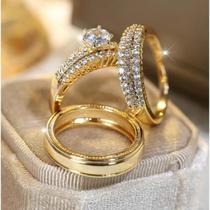 Conjunto De Anéis De Noivado Vintage Em Ouro Com Cristal De Zircônia Para Mulheres, Joias De Luxo Conjunto De Anéis De Noivado Vintage Em Ouro Com Cristal De Zircônia Para Mulheres, Joias De Luxo