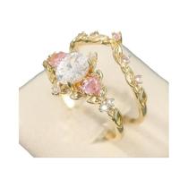 Conjunto De Anéis Elegantes De Zircônia Sintética Rosa Para Mulheres, Joias Retro Para Proposta De Conjunto De Anéis Elegantes De Zircônia Sintética Rosa Para Mulheres, Joias Retro Para Proposta De