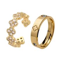 Conjunto De Anéis Femininos De Aço Inoxidável Com Zircônia Em Formato De Trevo De Quatro Folhas, 2