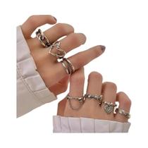 Conjunto De Anéis Femininos De Coração Em Metal Prateado Com Corrente, 7 Peças, Joias De Moda