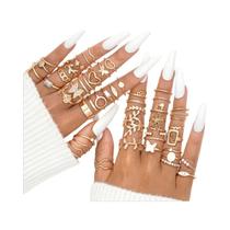 Conjunto De Anéis Geométricos Boêmios Dourados Para Mulheres, Anel De Dedo Sol, Lua E Folha, Joia