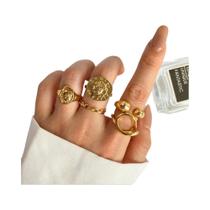 Conjunto De Anéis Geométricos Vintage Em Metal Dourado Para Mulheres, Joias Da Moda, Presente De